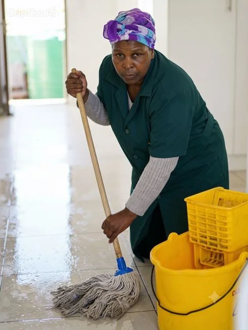 A cleaner operating a vacuum in a refined indoor space, highlighting cleaning tools and methods.